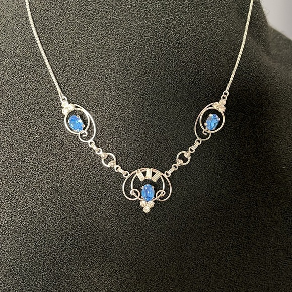 Vintage Loran Sim Sterling Blue Stone Necklace Art Deco Design - Picture 4 of 13